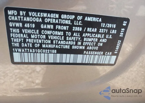 2016 Volkswagen Passat 1.8T S from USA, damaged, VIN 1VWAT7A31GC022155